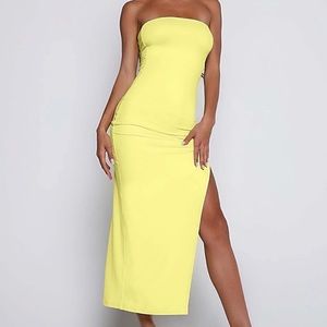 SOLD NWT Tiger mist yellow body on strapless dress in yellow